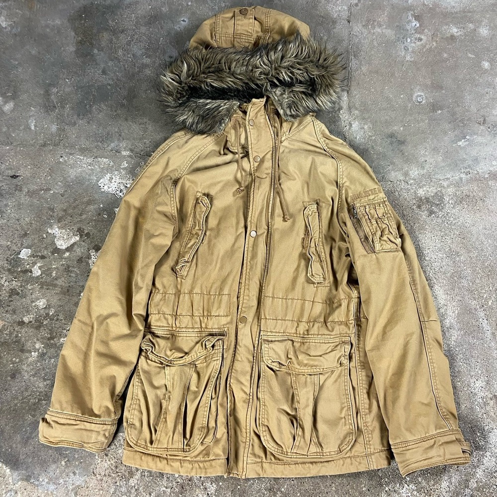 Vintage Y2K Hollister Hooded Parka Jacket Size Large Tan Faux Fur Fleece Lined‎